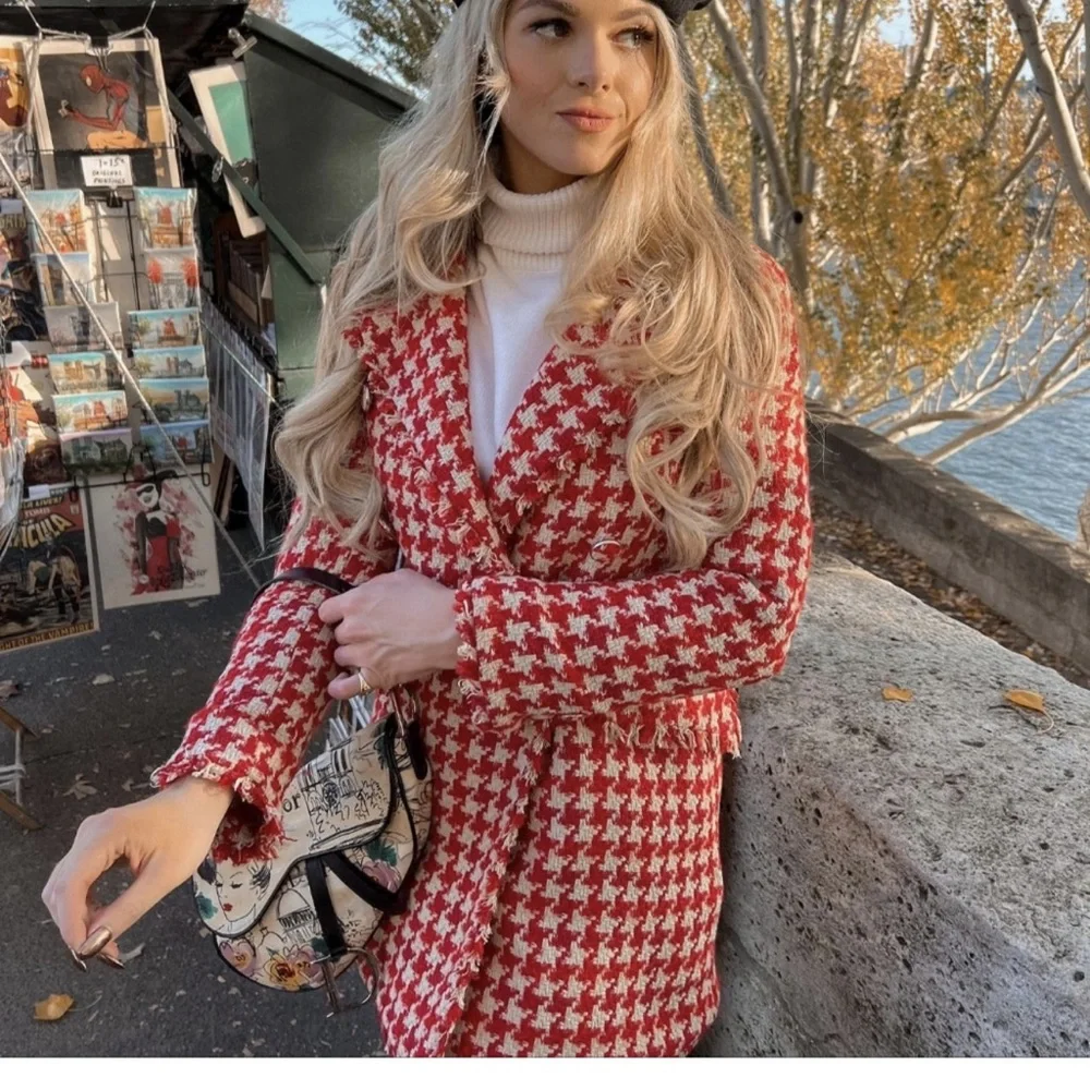 Zara textured houndstooth coat red - Picture 3 of 14